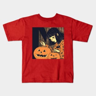 Halloween Girl looking at Pumpkin Kids T-Shirt